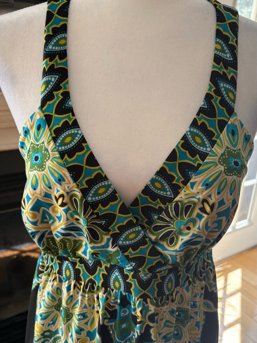 INC International Concepts Teal, Blue & Green Patterned V-Neck Midi Dress